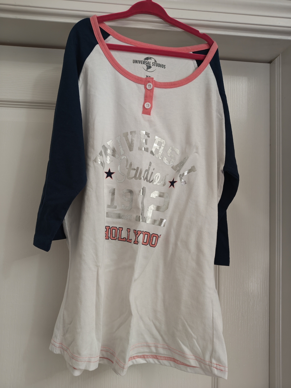 Universal White Raglan Long Sleeve Top with Navy Sleeves and Pink Trim